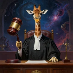 a giraffe that is a judge!!, dressed in judge's robes!!, seated in court, holding a huge gavel, cosmic horror painting, elegant intricate digital painting artstation concept art by mark brooks and brad kunkle detailed