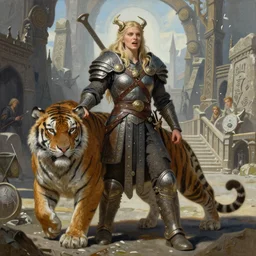 A mixed media painting of the beautiful viking warrior with his tiger, very aesthetic, curvy, detailed face, elven armor, by Frank Frazetta, Greg Rutkowski, Boris Vallejo, Beeple, Yoko Taro, Christian MacNevin, epic fantasy character art, goddess of anger, viking runes, high fantasy, CGsociety, full length, exquisite detail, post-processing, masterpiece, cinematic, odin's stone arena background