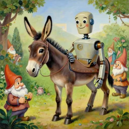 painting of a robot mule, at a gnome garden party, by salvador dali, high quality, 8 k