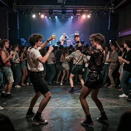 friends dancing at an alternative concert with drinks, crowd in the back, surrealism