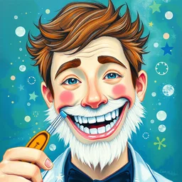 elon musk man of the toothbrush ; cleanest teeth of the year award, fantasy painting, colorful, children's book cover