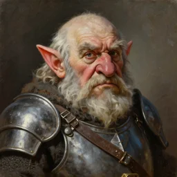 paul bonner oil painting portrait of a war weary and tired looking elderly dwarf warrior, bushy eyebrows, huge punish nose, hairy ears, in armor, 4 k, artstation