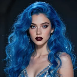 a portrait of an attractive girl with blue celestial hair and dark lipstick and freckles, wearing a sparkling dress, by viktoria gavrilenko, trending on artstation, highly detailed, cinematic lighting, character concept art, movie poster art, movie concept art