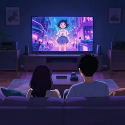 backview of a couple sitting on a sofa watching a big tv a a tastefully decorated living room with gaming consoles and a radio set up, anime background, in the night, featured on artstation, detailed line artwork, wallpaper, dark blueish purple colors ghibli st. 4 k