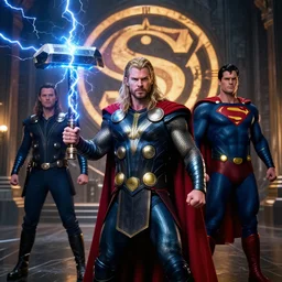 Ultra-high resolution. Thor, Superman and Dr. Manhattanin in the Fortress of Solitude. Thor holding Mjolnir, Mjolnir shooting out lightning bolts, Vegvesir symbol in background.