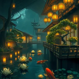 painting of interior of mythical onsen teahouse boardwalk by greg rutkowski craig mullins mucha ross tran cozy candles floating bonsai floating lanterns lotus koi clear focus fantasy atmospheric cinematic lighting, trending on artstation
