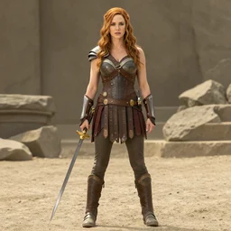 full body photo of christina hendricks as an amazon warrior with weapons
