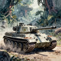 a futuristic battle tank in action, background is an alien jungle, detailed futuristic watercolor by kim jung gi