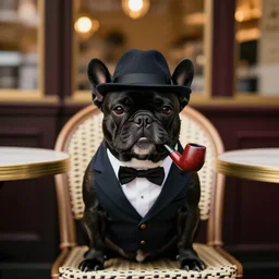 a portrait picture of a black french bulldog wearing a dinner jacket and a hat, a pipe is in his mouth close to a table at a french cafe cinematic symmetric