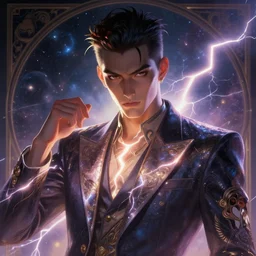 JOJI wearing a luxurious suit with lighting and Thunder coming out of him,  posing, sigma male, close up, interstellar backdrop, portrait art by alphonse mucha and greg rutkowski, highly detailed, digital painting, concept art, illustration, dim lighting with twilight rays of sunlight, trending on artstation, very detailed, smooth, sharp focus, octane render, close up
