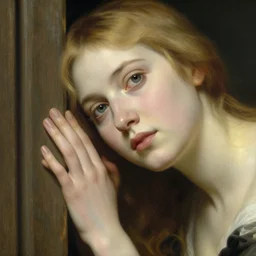 lady in thought by auguste toulmouche and bouguereau, perfect detailed eyes, beautiful hands, pale skin, blonde hair, leaning on door