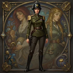 full body photograph of cousin itt from the addams family as a female soldier, deep focus, intricate, elegant, highly detailed, digital painting, artstation, concept art, matte, sharp focus, illustration, d & d, fantasy, hearthstone, art by artgerm and greg rutkowski and alphonse mucha
