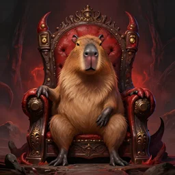 a detailed digital art of a god capybara sitting on a throne in hell