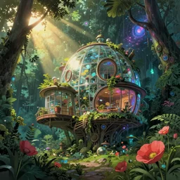 a beautiful detailed illustration of nature coach house by toyo ito, poppy tokyo tron neon noir morning sun rainforest studio ghibli elysian made of glass steampunk cosmic sunlight at night san andreas biopunk bladerunner 2 0 4 9 universe extraterrestial fisheye alien, archdaily, wallpaper, highly detailed, trending on artstation.