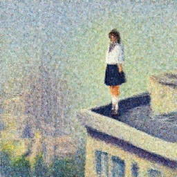 gouache of a cute girl wearing school uniform standing on the edge of the roof of a tall building, 8 k wallpaper, strong brush stroke, very high detailed, sharp focus, illustration, morandi color scheme, art station, by krenz cushart