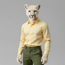 beautiful portrait commission of a male furry anthro!!! albino mountain lion wearing a yellow dress shirt, olive green slacks, and suspenders. Atmospheric. Character design by charlie bowater, ross tran, artgerm, and makoto shinkai, detailed, inked, western comic book art