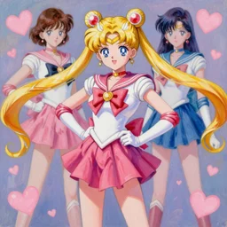 resolution 4k Sailor Moon Skirts Anime Sailor Moon characters posing Pink, Girly, Feminine Hearts Painterly art in the style of Claude Monet and John Singer Sargent