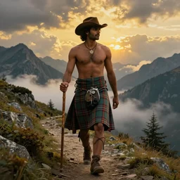 a dramatic epic beautiful painting of a shirtless desi man on a mountain path | he is wearing a scottish plaid kilt and cowboy hat, and holding a walking stick | background is mountains and clouds | dramatic lighting, golden hour, homoerotic | by mark maggiori, by walter crane, by gaston bussiere, by tom of finland | trending on artstation