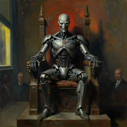 evil cyborg mastermind on a throne, human subjugation, mind control, dystopian, pj crook, edward hopper, oil on canvas