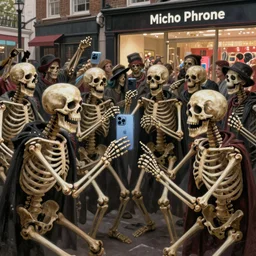 a crowd composed by skeletons dressed funnily fight to have the an Iphone in a store of London, 2d, ultra highly detailed, digital painting, smooth, sharp focus, artstation, pixiv, art by Ilya Kuvshinov