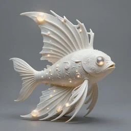 angler fish sculpture, stylized layered shapes, long flowing fins, bioluminescent orbs, diffuse lighting, glowing eye, intricate, elegant, highly detailed, lifelike, photorealistic, digital painting, artstation, smooth, sharp focus, art by h r giger