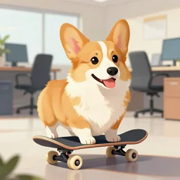 a beautiful digital painting of a corgi dog on a skateboard in an office