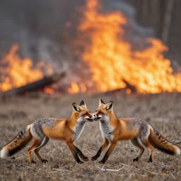 a photograph of two foxes fighting while a forest fire rages in the background