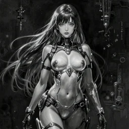 By Tom Bagshaw, ultra realist soft painting of an attractive slim curvy cyberpunk anime female fully body armored, with thin lustrous long hair floating, photorealistic eyes render, looking at camera, curiosities carnival, symmetry accurate features, very intricate details, focus, dark fantasy background black and white
