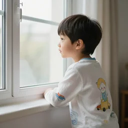 young boy wearing white fabric pajama with cartoon paintings on it infront of the window in his room and staring outside. highly detailed, digital photo, smooth and sharp focus, cg by tian zi and wlop and alphonse mucha