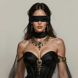 portrait of megan fox, muscular upper body, collar, blindfold, greek, jewelry, black dress, fantasy, intricate, elegant, highly detailed, digital painting, artstation, concept art, matte, sharp focus, illustration, art by aenaluck and roberto ferri and greg rutkowski, epic fantasy, digital painting