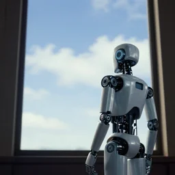 robot looking at a sky in front of a window by edward hopper