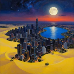 Beautiful painting of a dark city with high buildings, a blue lake is near it. Around the city is yellow sand, Night, sunset, full moon with reflection on the lake, 8k resolution holographic astral cosmic illustration mixed media by Pablo Amaringo