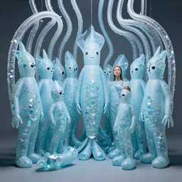 an eternal self portrait by the artist kelbv and friends, in distinct hyper detailed style with infinite tubes neatly curving around the group, and inflated bodies filled with light blue and shrimp crystal tetrahedra, perfect thermonuclear studio lighting against a backdrop of a still from the movie flight of the squid.