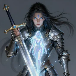 character concept portrait of an attractive young intense dark haired wizard with a brand on his forehead and glowing blue eyes, wearing shining armour, conjuring a giant sword, a floating iridescent woman in the center, intricate, elegant, digital painting, concept art, smooth, sharp focus, illustration, from Metal Gear, by Ruan Jia and Mandy Jurgens and William-Adolphe Bouguereau, Artgerm