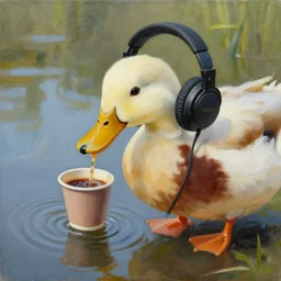 an oil painting of a duck drinking coffee while listening to headphones
