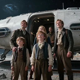 sharp, highly detailed, film from a blockbuster sci fi 4 k color movie, set in 1 8 6 0, family standing outside a spaceship, on a alien planet, looking happy, wearing 1 8 5 0 s era clothes, atmospheric lighting, in focus, reflective eyes, 3 5 mm macro lens, live action, nice composition, good photography