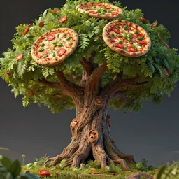 highly detailed 3 d render of the mythical tree yggdrasil with leaves that look like pizza toppings, tomato, mozzarella, basil, hyper realistic octane render, cinematic lighting, deviantart, lowbrow, surrealism, pixar still