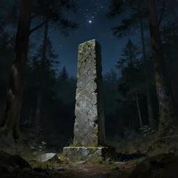 a stone pillar standing forgotten in a forest. above the canopy the sky is full of stars. highly detailed symmetrical composition. digital painting concept art. dramatic lighting. -3