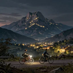 Distant mountains lights photo, Two people riding bicycles, dreamscape, dramatic lighting,  fantasy art illustration, hyperdetailed, hyper realistic, octane, detailed, in the style of Frangois Boucher