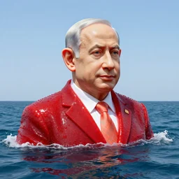 a giant benjamin netanyahu sculpture made out of juicy red jelly on ocean surface, long shot, hyper detailed, hyper realistic, ray tracing, 8 k resolution, sharp focus, realistic water, award winning