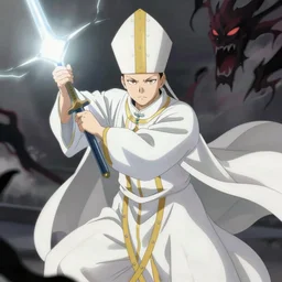 badass anime bishop, wearing a mitre hat, fighting an evil spirit, wielding only light as his weapon