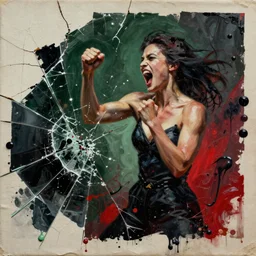 screaming sophisticated woman from fight club in fighting action detailed mixed media collage with canvas texture in style of contemporary art, punk art, photorealism, sensual bodies, expressionism, masterpiece, perfect composition, spectacular quality, intricate oil details, broken glass photo, torn paper intricate texture, large cracks, liquid glue spots, dark green and black and red chaotic background