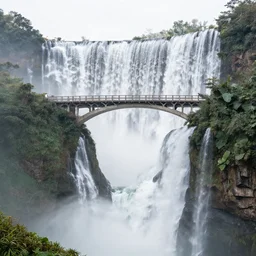 a landscape of a bridge over a waterfall by chinnkun, 4 point perspective