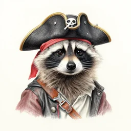a colored pencil drawing of a raccoon dressed as a pirate, very detailed