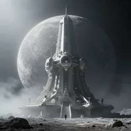 cinematic shot of an gargantuan base on the moon, light fog