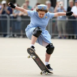 queen elisabeth ii doing a kickflip on a skateboard
