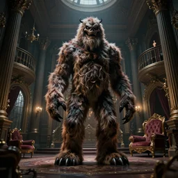 a photo of extremely scary tall monster toy covered in fur, standing in the secret room of a mansion, digital art