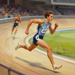 cinematic painting of qwop!!!!!!!!!!!!!!!!! running down the track, art by krenz cushart and artem demura and alphonse mucha