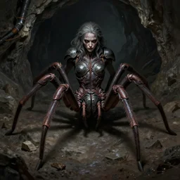 creepy matte painting of an armored female spider centaur with eight spider legs in a dark cave, ultra detailed, monster, half human half spider, human torso and head, human face, human arms, spider thorax, creature design, concept art, 8 k, moody lighting, muted colors, dramatic lighting, realistically proportioned face