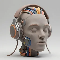 a detailed claymodel of a atompunk rococo robot head wearing multicolored wires and headphone, 8 k, front view, symetrical, flourescent colors, halluzinogenic, multicolored, exaggerated detailed, front shot, 3 d render, octane